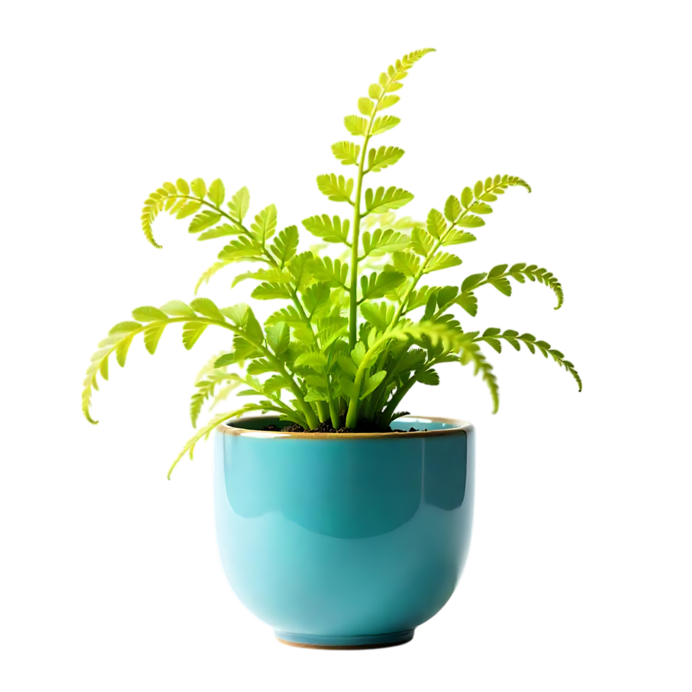 Vibrant green fern in teal pot png
