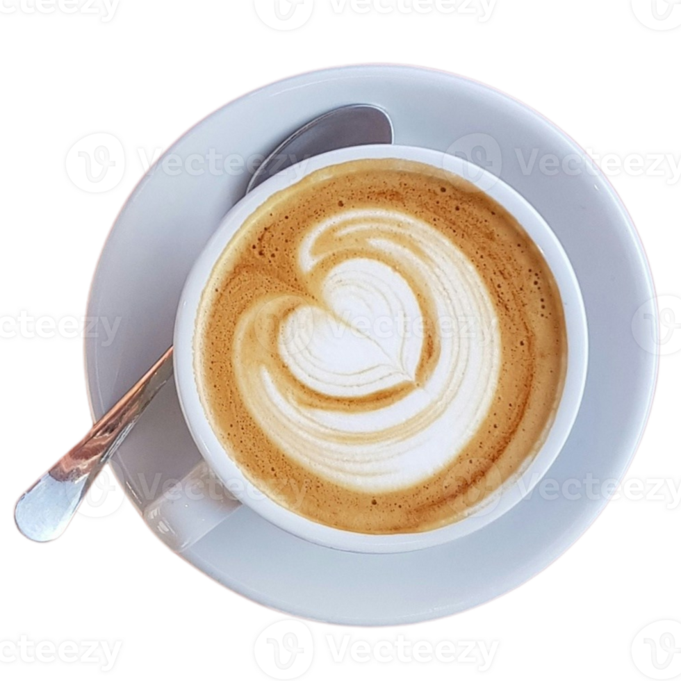 Top view of cappuccino in a white cup with latte art and spoon png