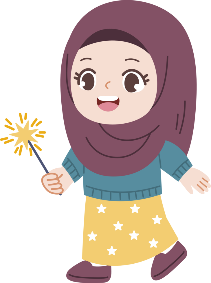 hijab girl holding sparkler and happy png