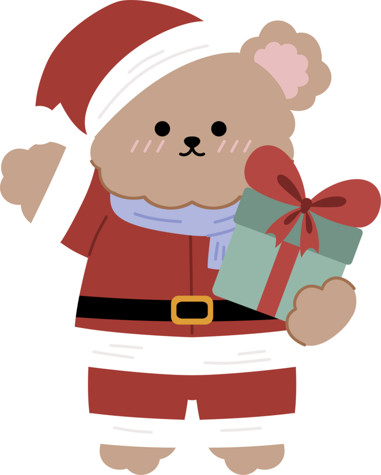 Cute Bear wear Santa Costume holding gift png