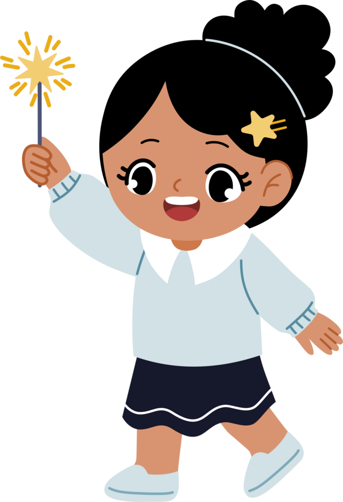 girl holding sparkler with happy face png