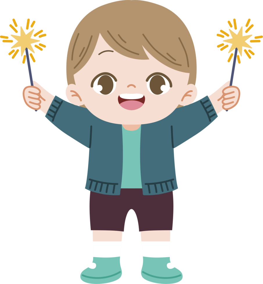 happy cartoon boy holding sparkler on both hands png