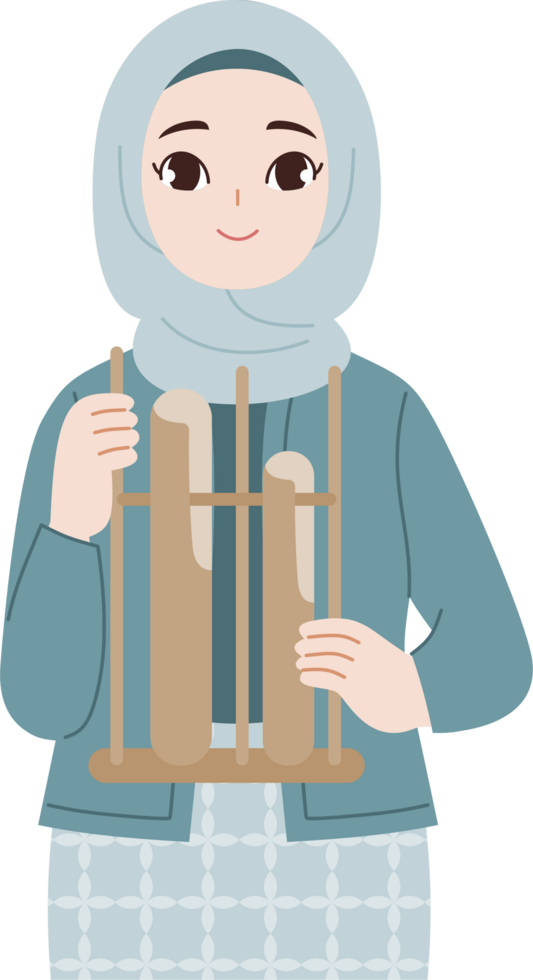 muslim hijab girl wear kebaya holding angklung png
