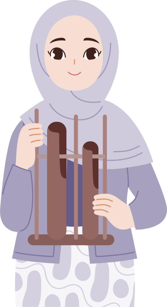 cute hijab girl wear purple kebaya playing angklung png