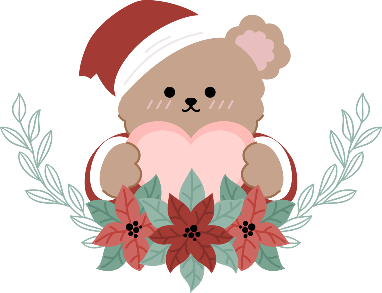 Cute Bear wear Santa Costume with poinsettia flower png