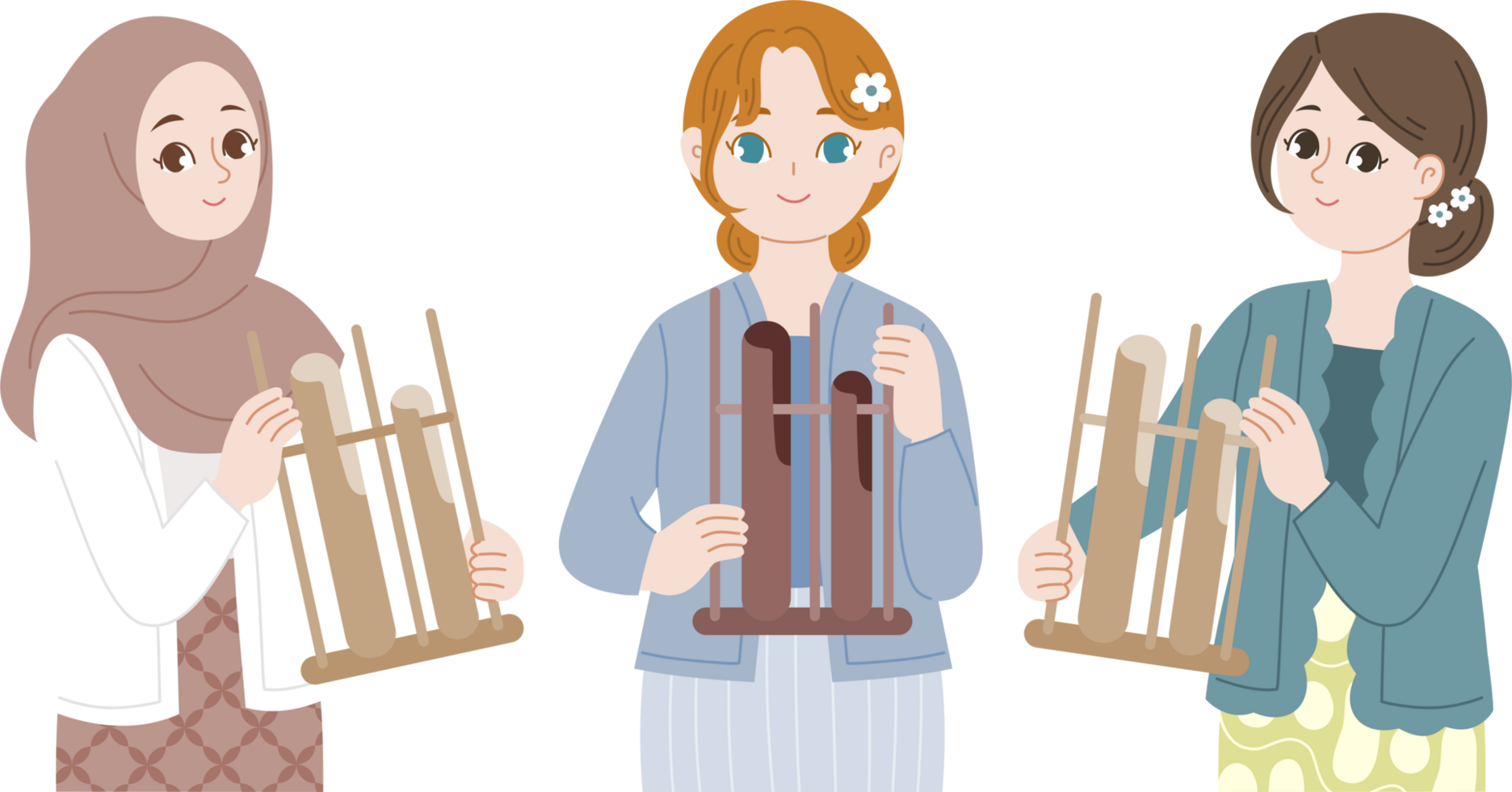 group of woman wear kebaya playing angklung png