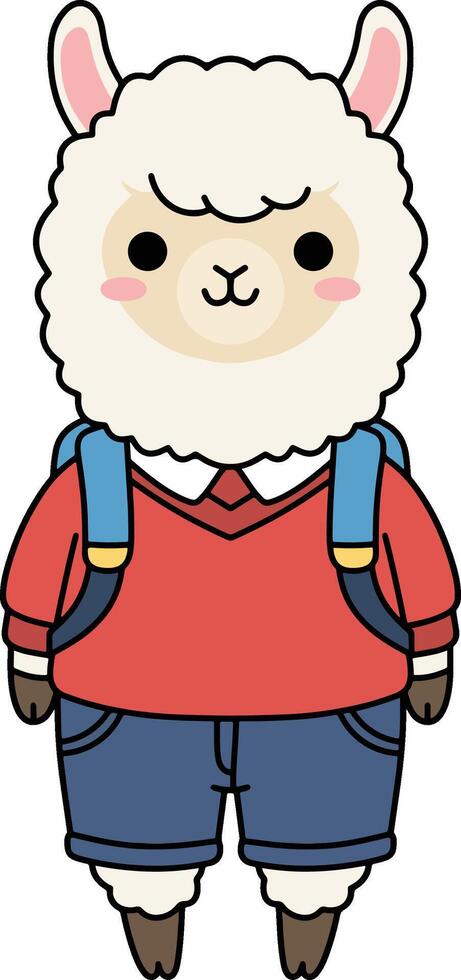 Cute Llama Student with Backpack Cartoon Illustration vector