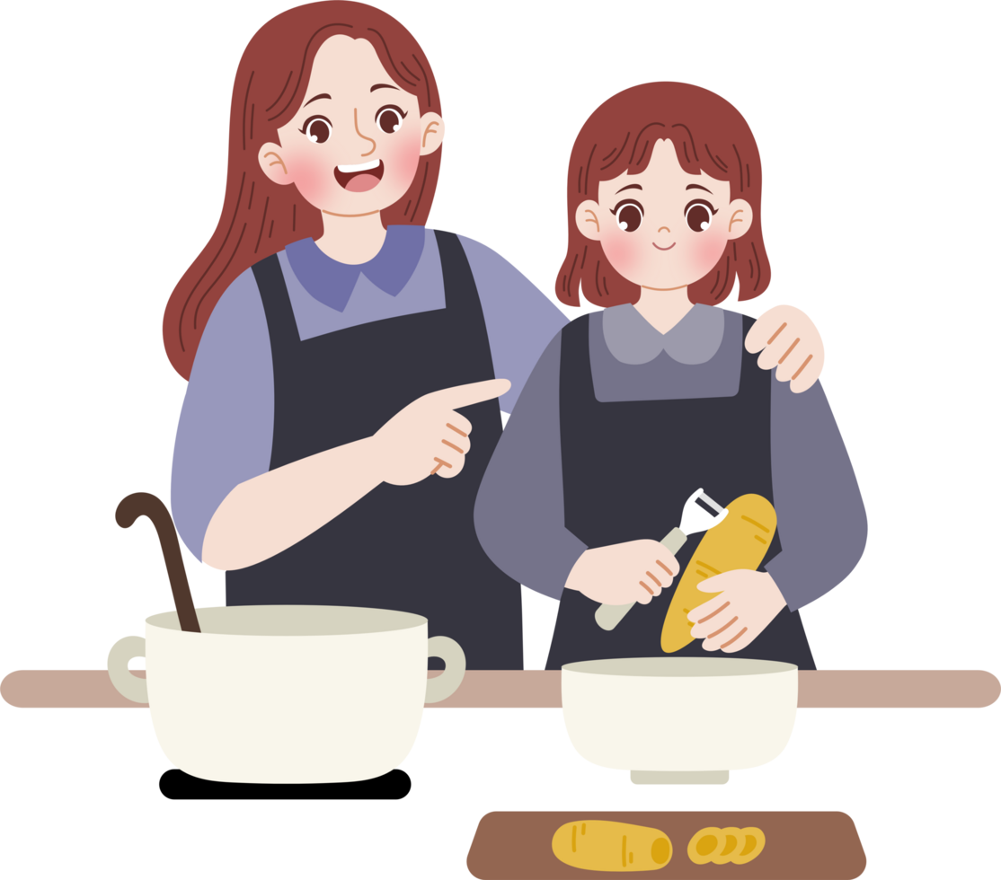 mother teach daughter how to cook png