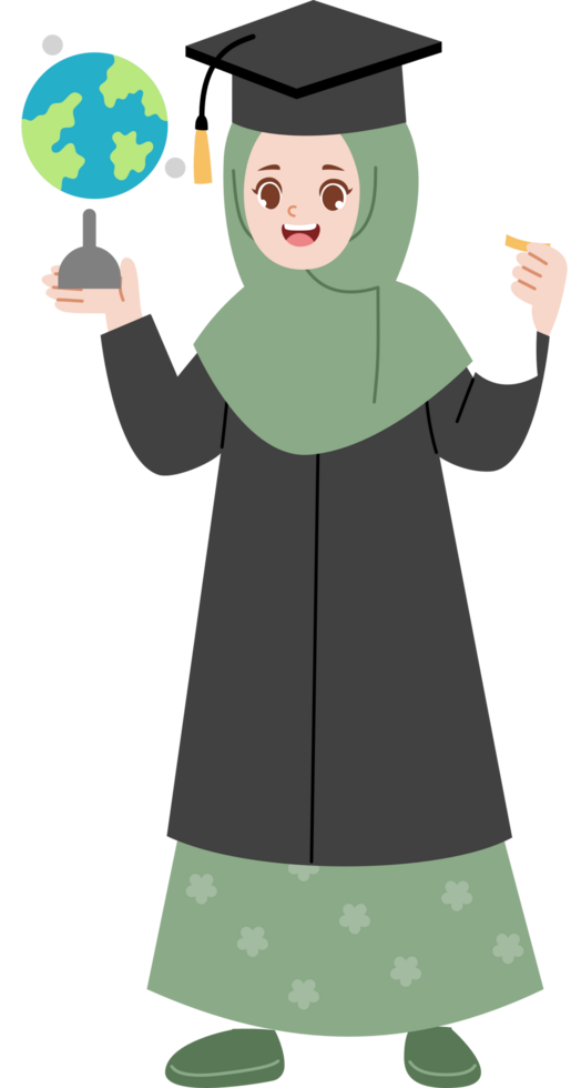 muslim hijab girl celebrating graduation holding globe png
