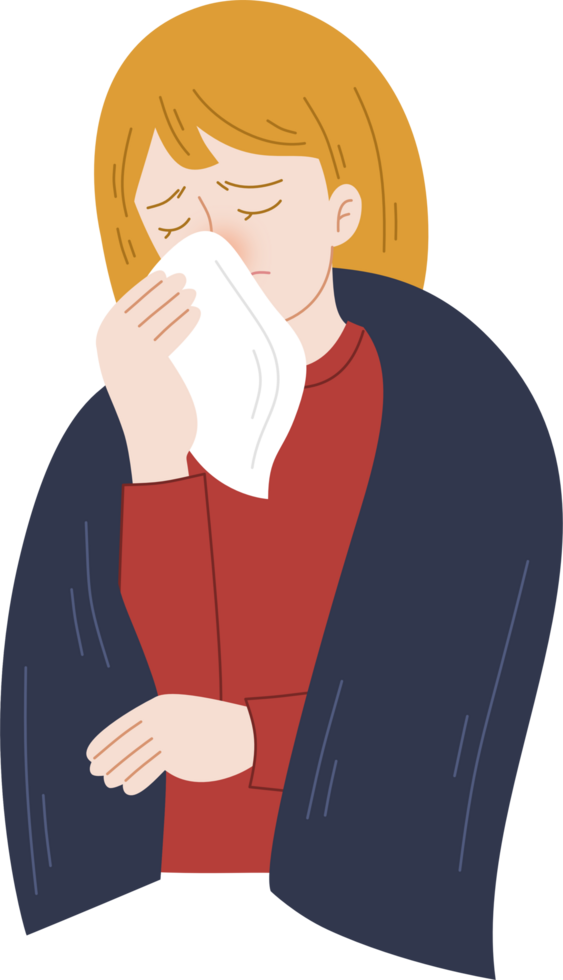 sick woman sneezing and wearing blanket png