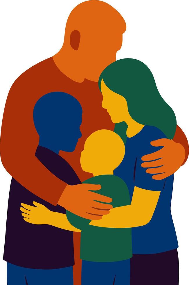 Silhouette of dad embracing family in a heartwarming group hug scene vector