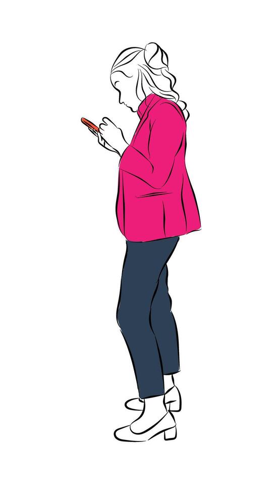Line Drawing Sketch faceless Business Woman Using Smartphone concept connection online vector