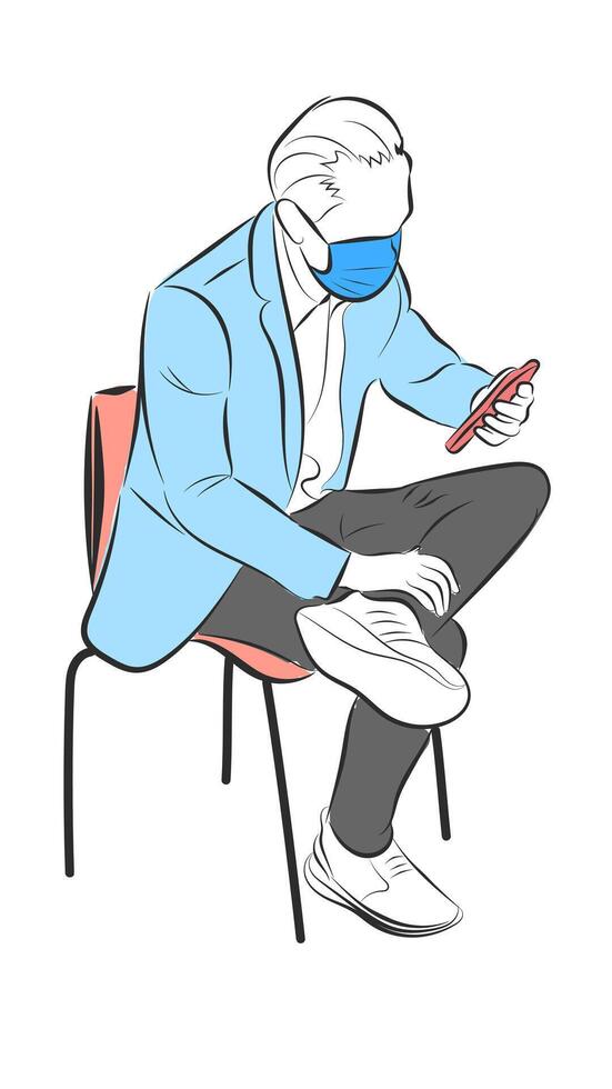 A man wearing a face mask sits cross-legged on a chair, looking at his mobile phone minimal vector
