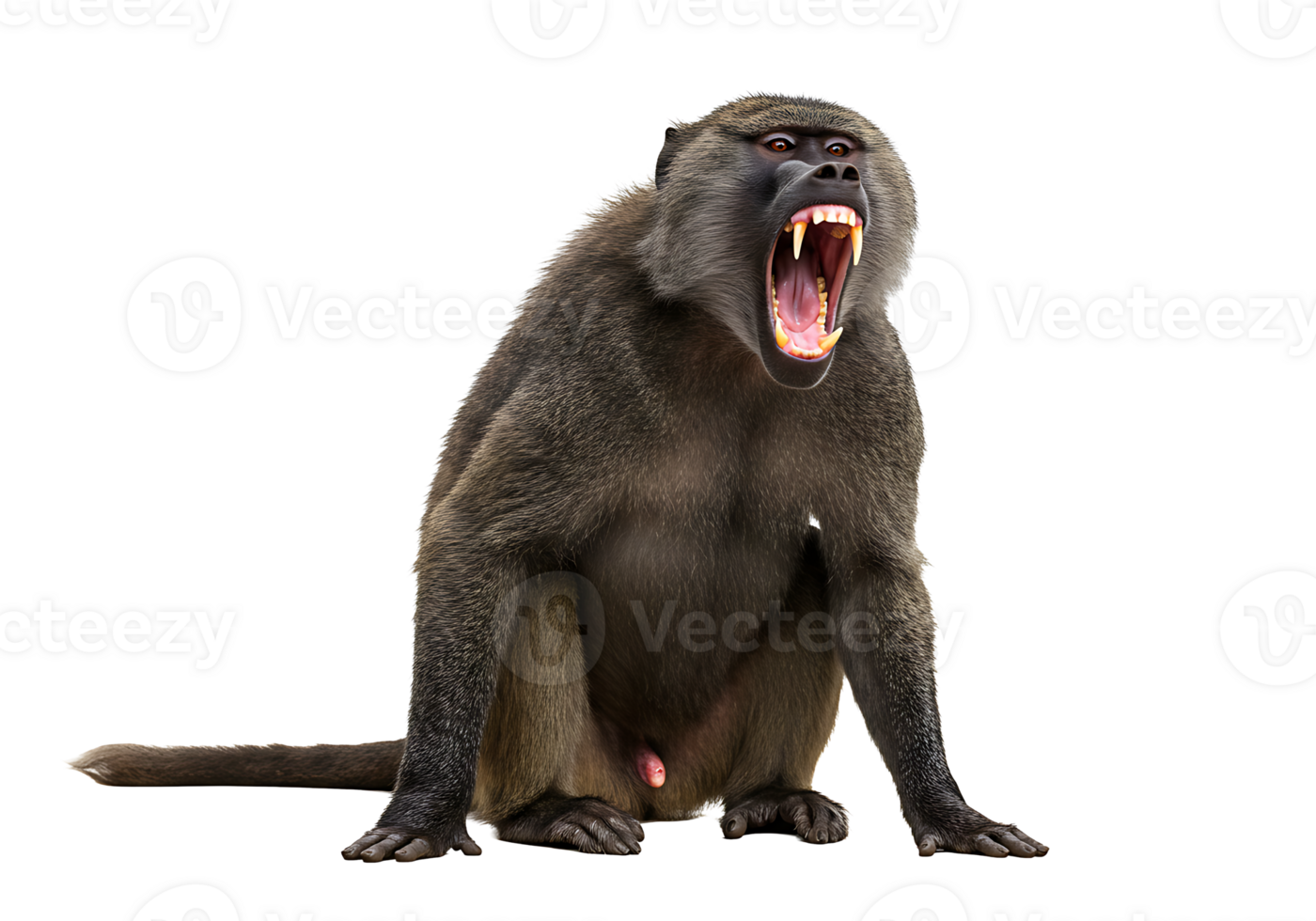 A baboon with its mouth open and its teeth showing png