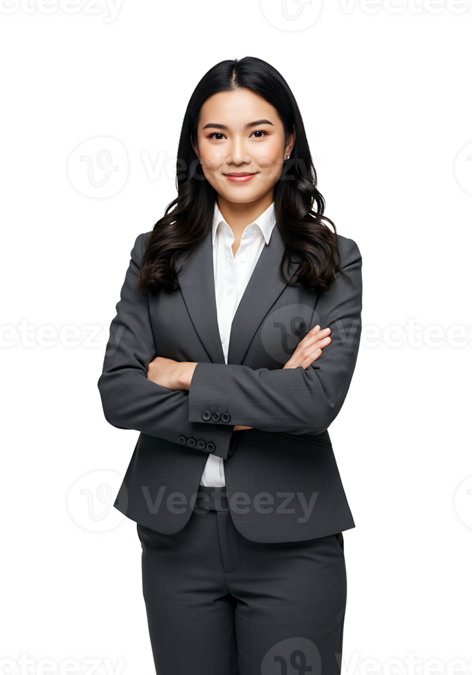 Business woman in suit standing with arms crossed png