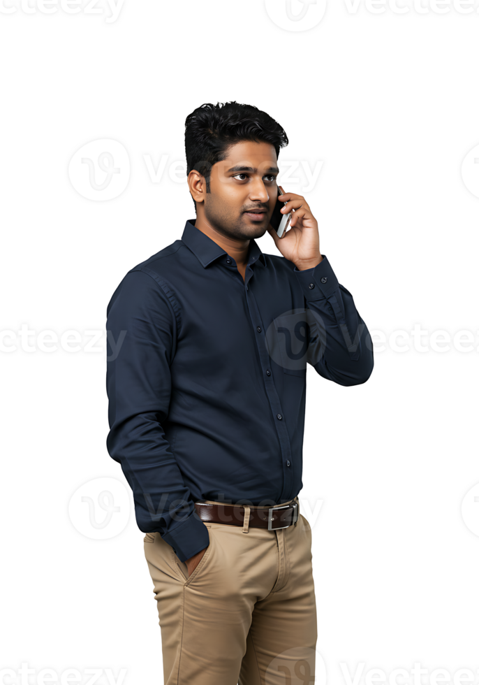 A man in a blue shirt talking on a cell phone png