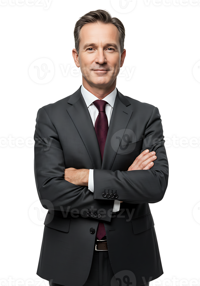 A man in a suit and tie standing with his arms crossed png