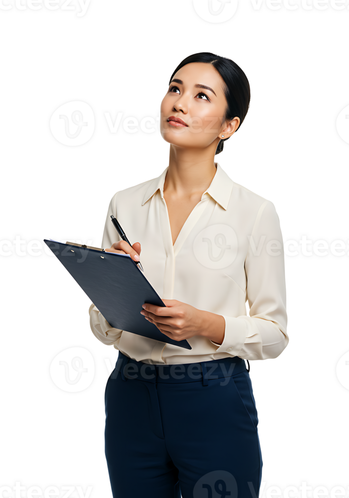 A woman in a white shirt and blue pants is holding a clipboard png