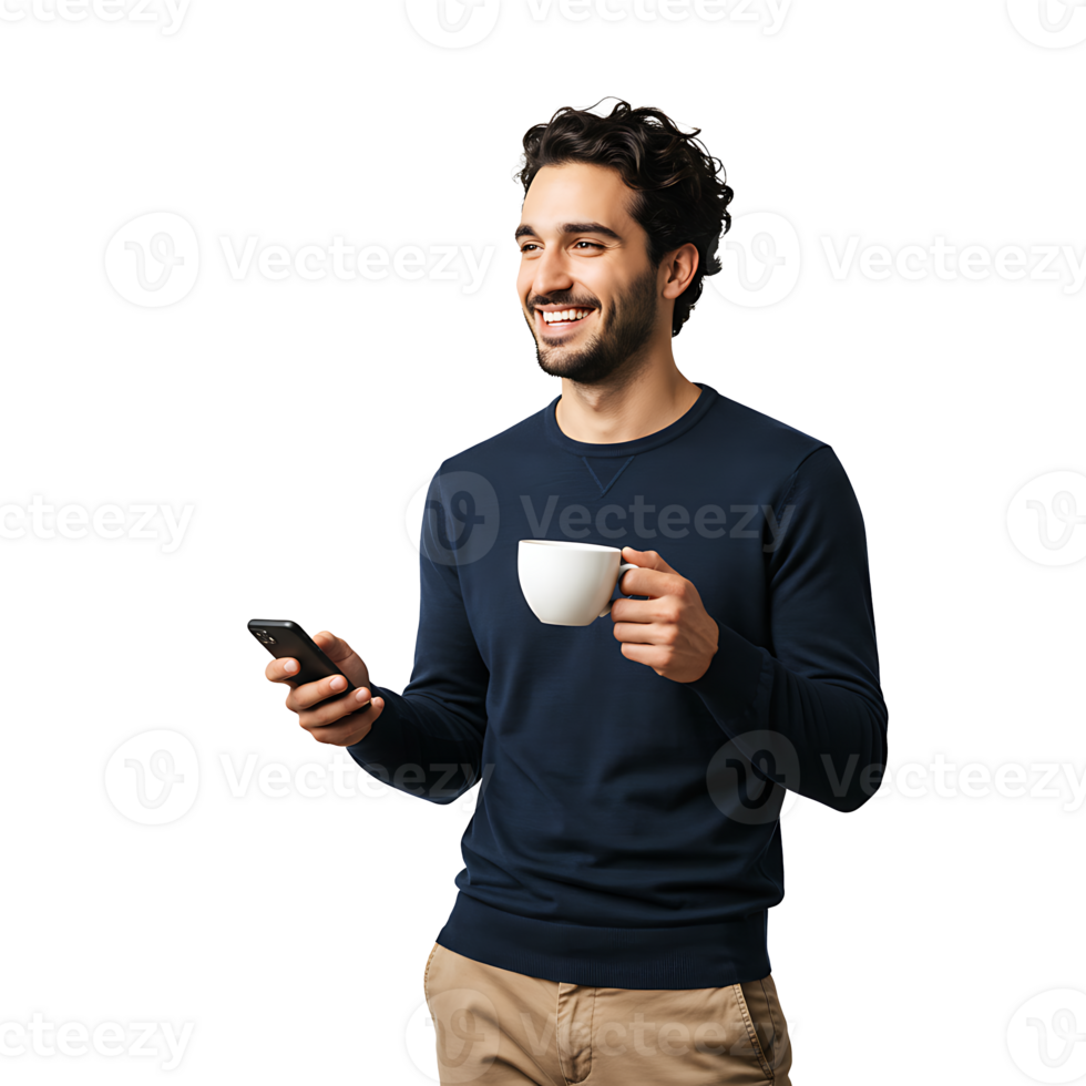 A man holding a cup of coffee and a cell phone png