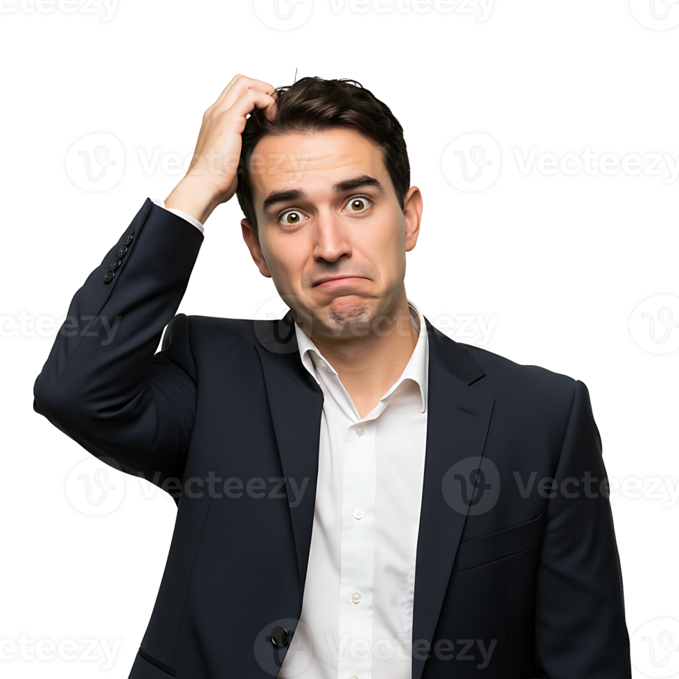 A man in a suit is holding his head png
