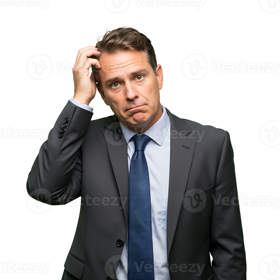 A man in a suit and tie is holding his head png