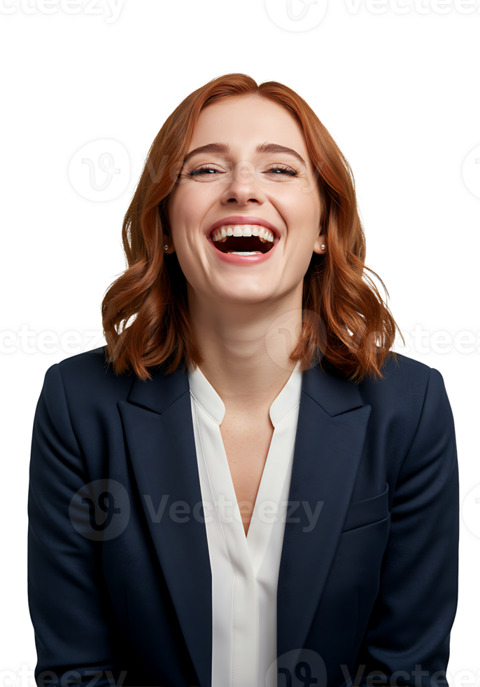 A woman in a suit laughing png