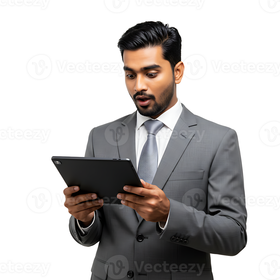 A man in a suit is holding a tablet computer png