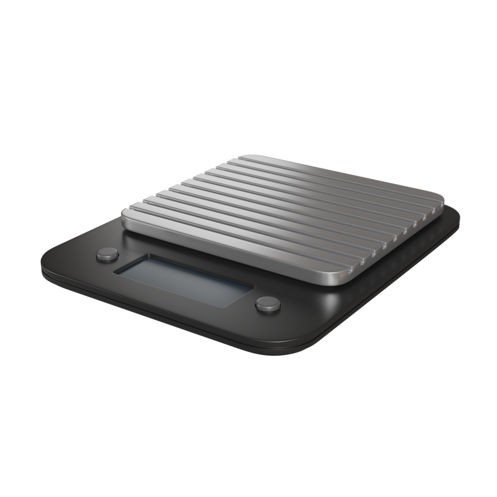 Realistic 3D render of a modern digital scale with a matte black surface and silver. Features a clear LED display, showing precise weight in grams png