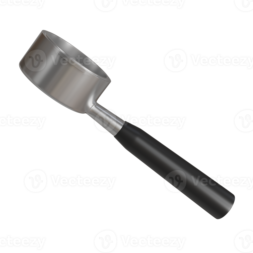 3D render of a coffee portafilter attached to a professional-grade espresso machine. The metal surface is reflective, and the handle is black. Ideal for brewing process visuals, barista tutorials png