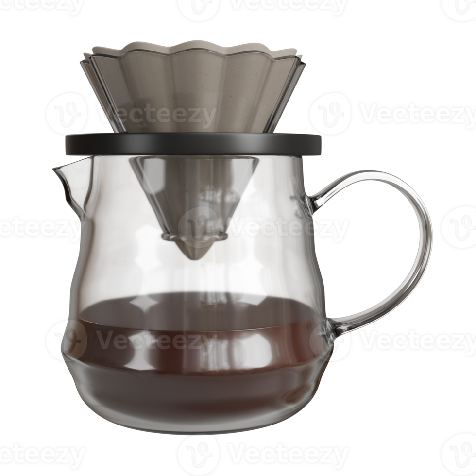 Realistic 3D rendering of a V60 dripper placed on top of a transparent glass jug, filled with freshly brewed coffee. png