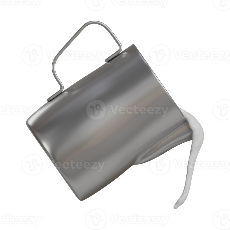 Realistic 3D render of a silver stainless steel frothing pitcher pouring a smooth stream of milk. png