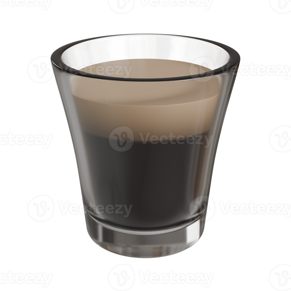 Photorealistic 3D illistration of a freshly pulled espresso shot served in a small transparent glass png