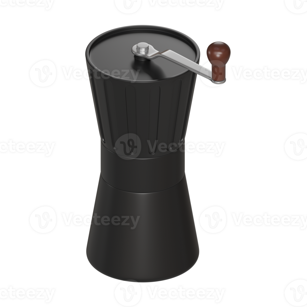 Simple 3D render of a black metal manual coffee grinder with a side-mounted crank handle with wooden handle knob png