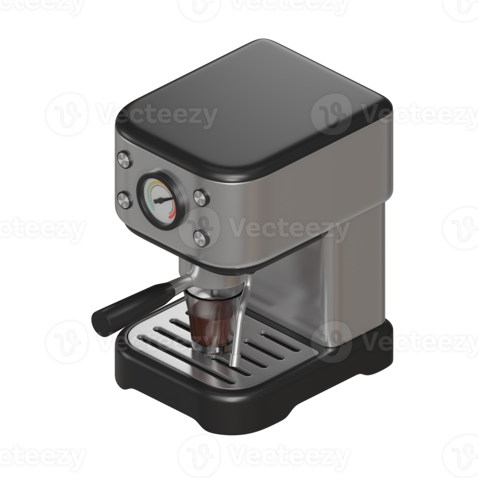 Realistic 3D illustration of a silver and black chrome-finish coffee machine brewing hot coffee into a clear glass cup, coffee machine with isometric png
