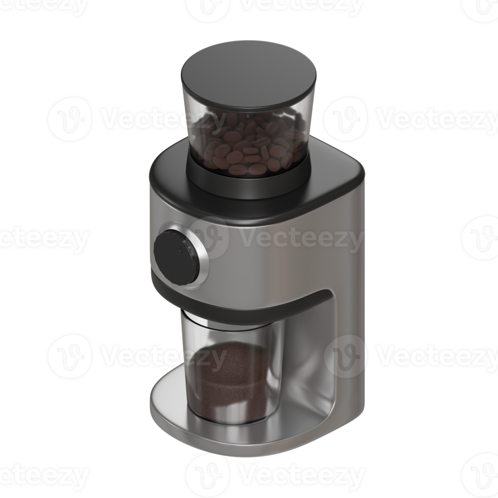 Realistic 3D rendering of a modern electric coffee grinder in black and silver, with a transparent lid showing roasted coffee beans inside. png