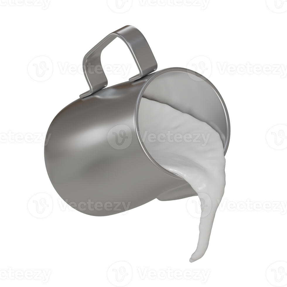 Realistic 3D illustration of a silver stainless steel frothing pitcher pouring a smooth stream of milk with isometric view png