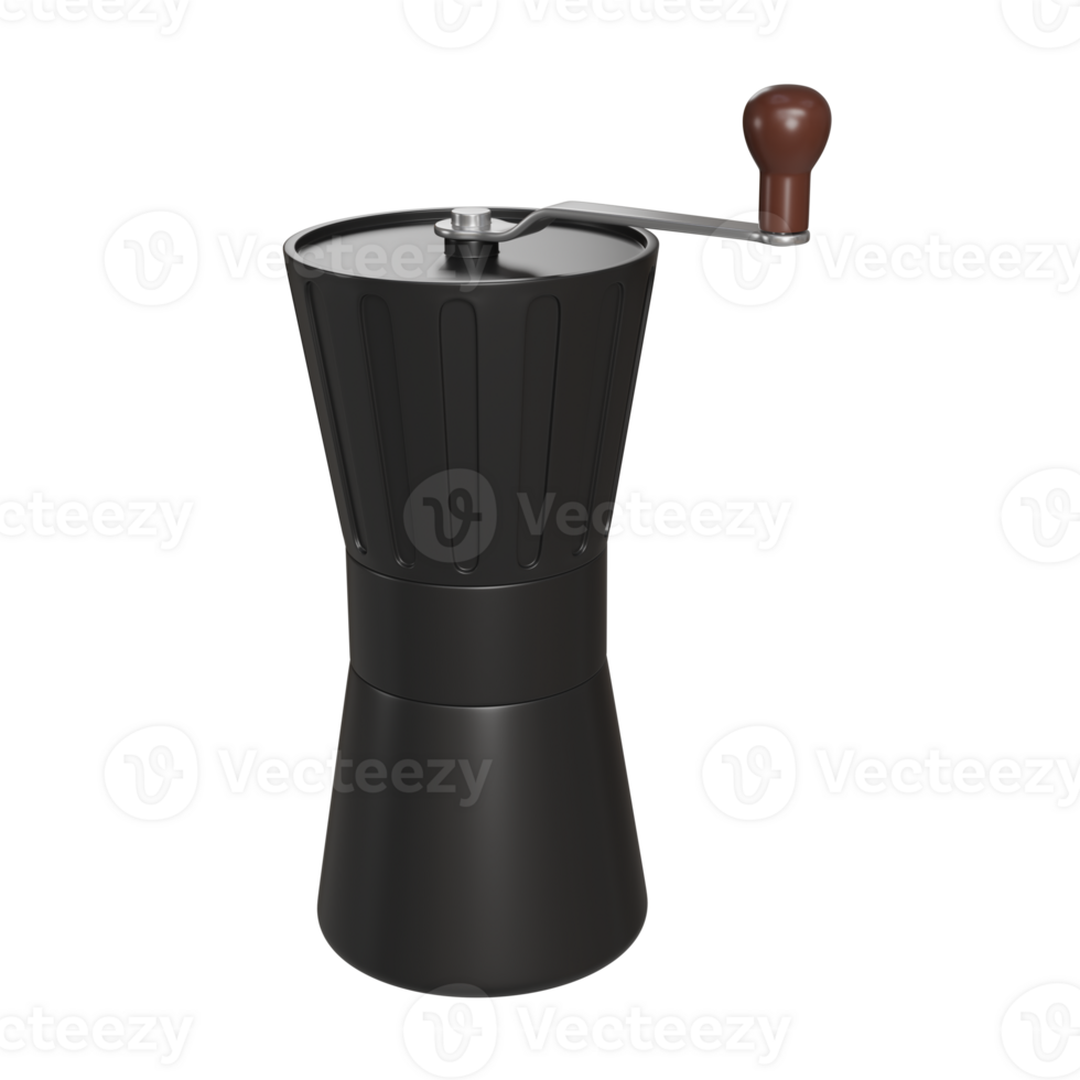 High-quality 3D render of a black metal manual coffee grinder with a side-mounted crank handle with brown wooden handle knob png
