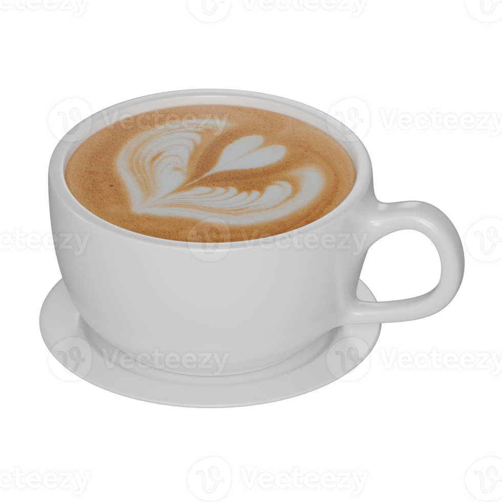 Realistic 3D render of a white ceramic coffee cup filled with creamy latte, eaturing a heart-shaped latte art. png