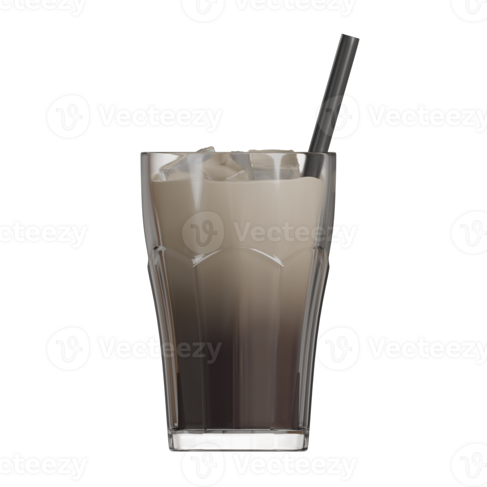 3D rendering of iced coffee with a visible swirl of milk mixing into the brew, served in a transparent glass with a black straw, showing realistic frosty ice cubes png