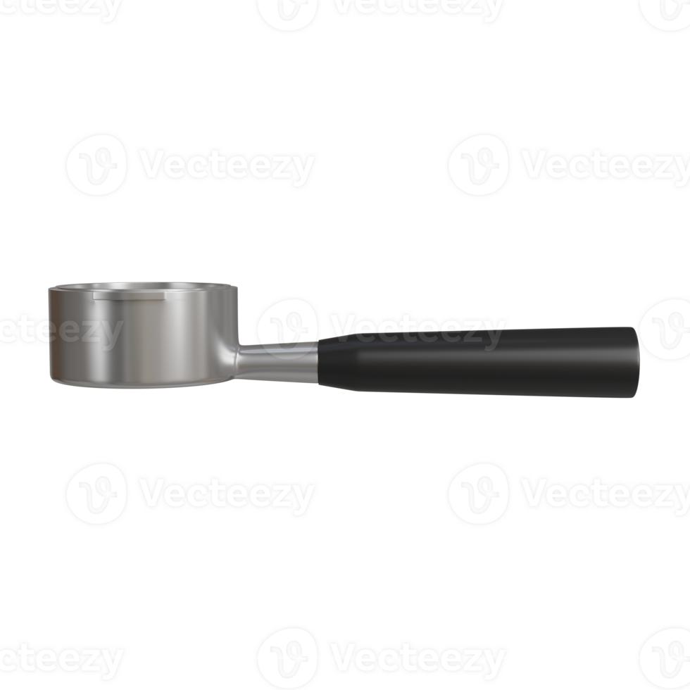 3D render of a coffee portafilter attached to a professional-grade espresso machine. The metal surface is reflective, and the handle is black. png