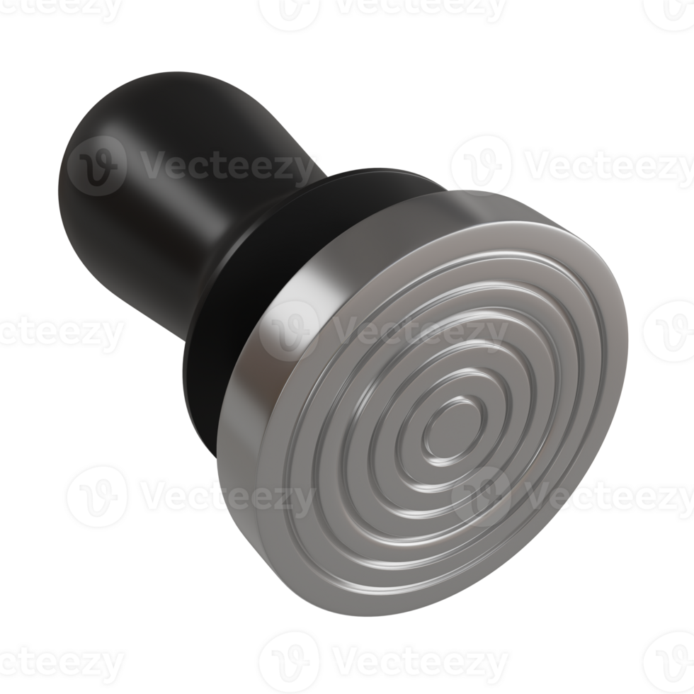 3D rendering of a Barista stainless steel coffee tamper with a smooth, rounded black handle and silver color. png