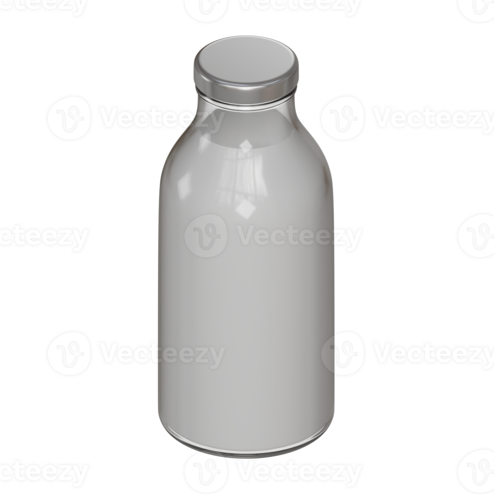 High-detail 3D render of a glass bottle with milk placed on a glossy surface with soft lighting and reflections. png