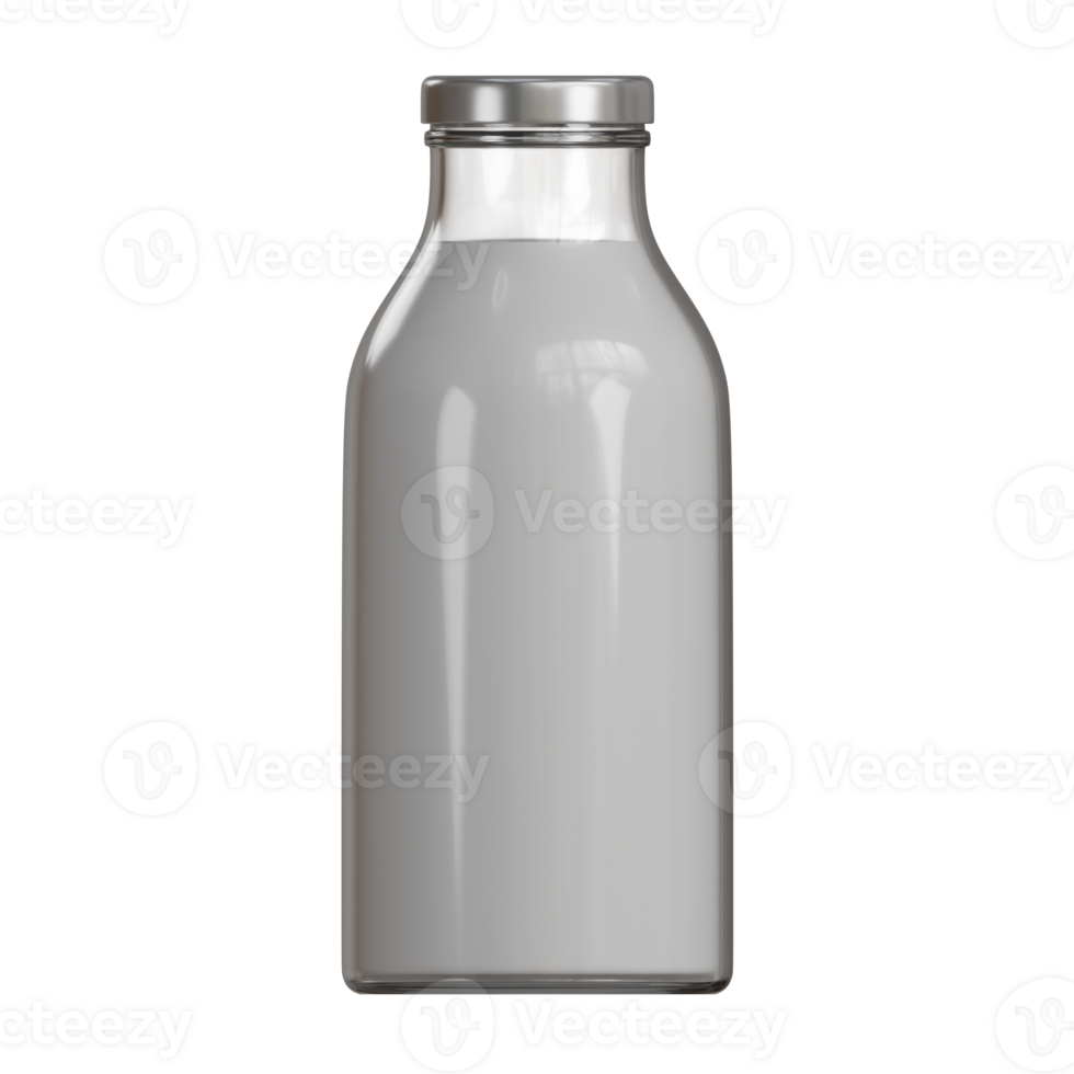 High-detail 3D illustration of a glass bottle with milk placed on a glossy surface with soft lighting and reflections png