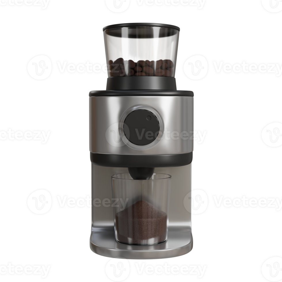 Realistic 3D render of a modern electric coffee grinder in black and silver, with a transparent lid showing roasted coffee beans inside. png
