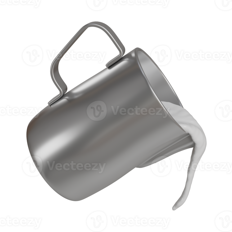 Realistic 3D rendering of a silver stainless steel frothing pitcher pouring a smooth stream of milk png