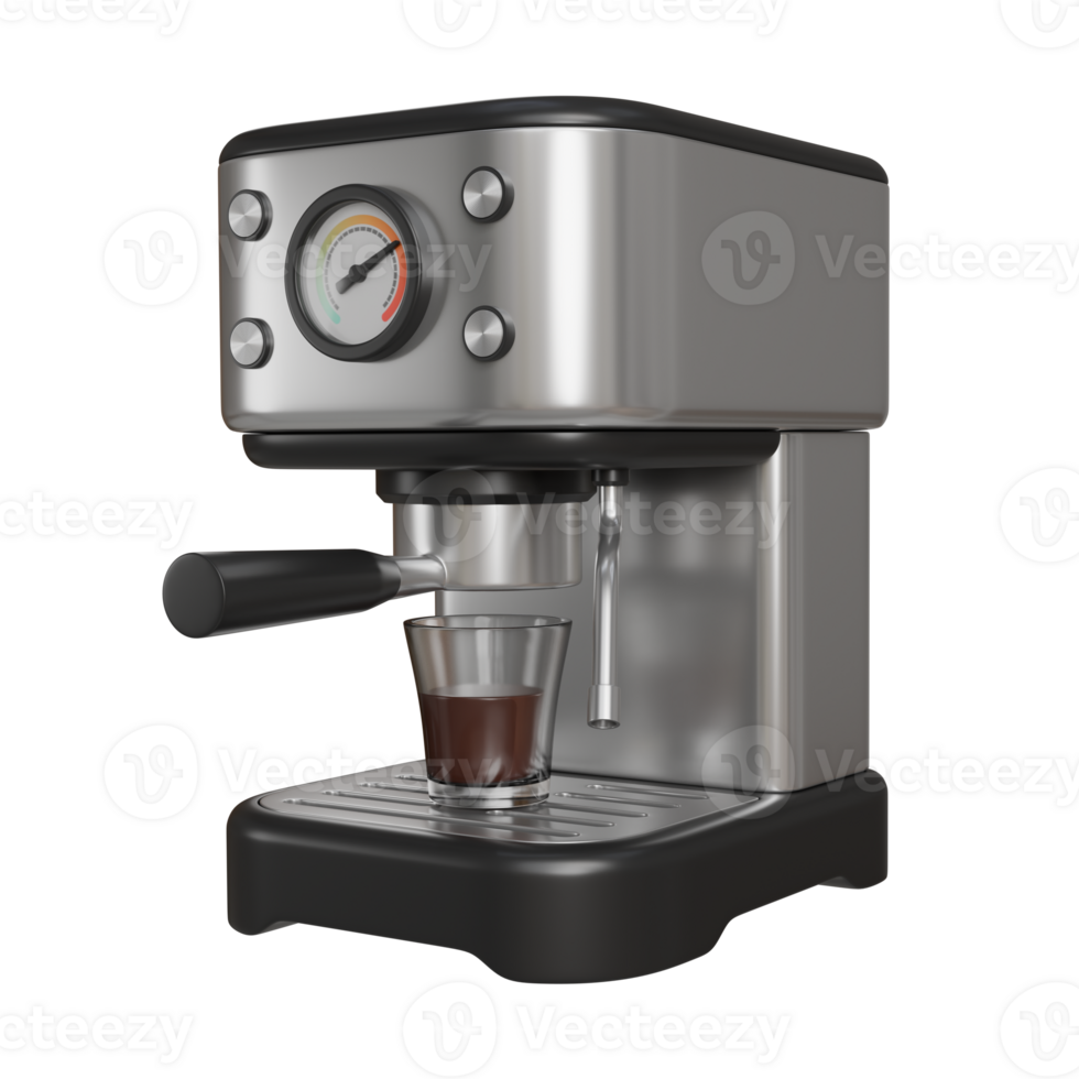 Realistic 3D illustration of a silver and black chrome-finish coffee machine brewing hot coffee into a clear glass cup png