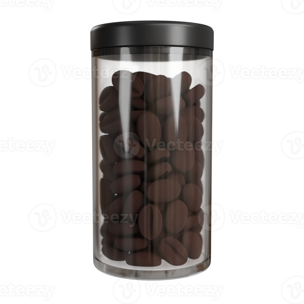 3D render of a tall transparent jar filled with coffee beans, black lid, and empty label area for branding or product design. png