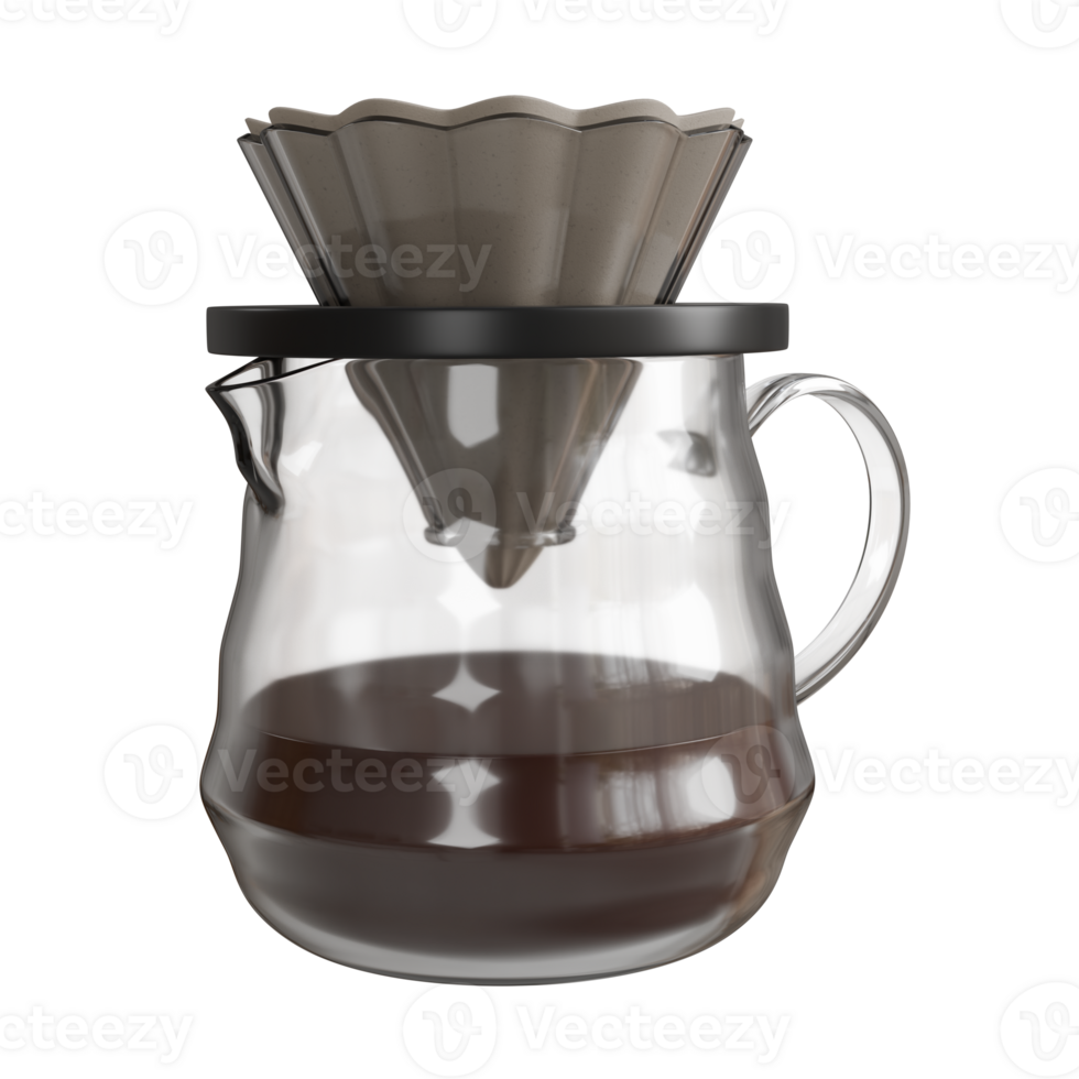 Realistic 3D illustration of a V60 dripper placed on top of a transparent glass jug, filled with freshly brewed coffee. png
