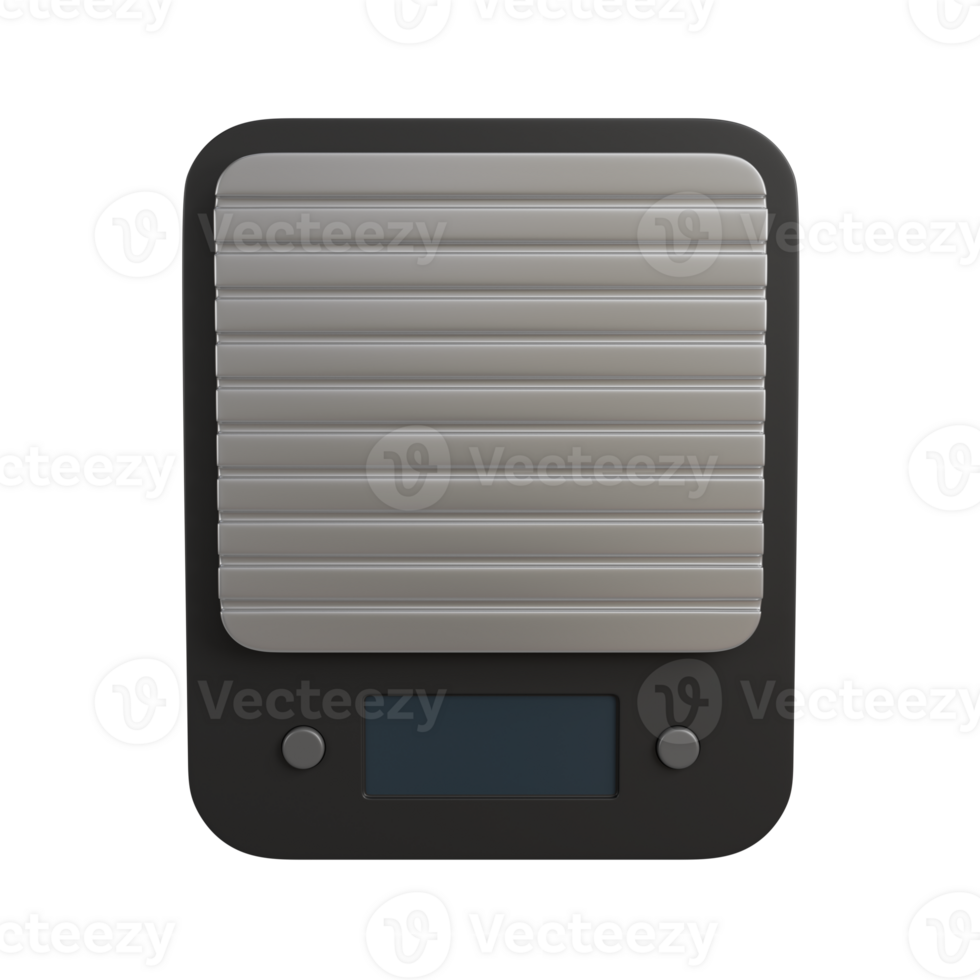 3D illustration of a modern digital scale with a matte black surface and silver. Features a clear LED display, showing precise weight in grams. png