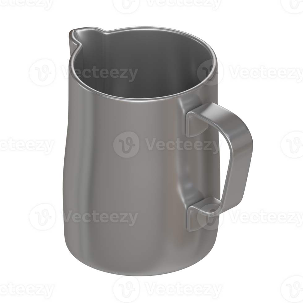 High-detail 3D illustration of a classic barista milk frothing jug in polished stainless steel png